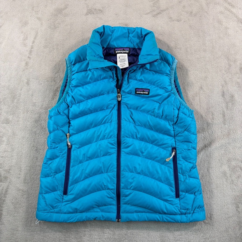 Patagonia 800 Fill Goose Down Sweater Vest Women Medium Blue Full Zip DWR Hike